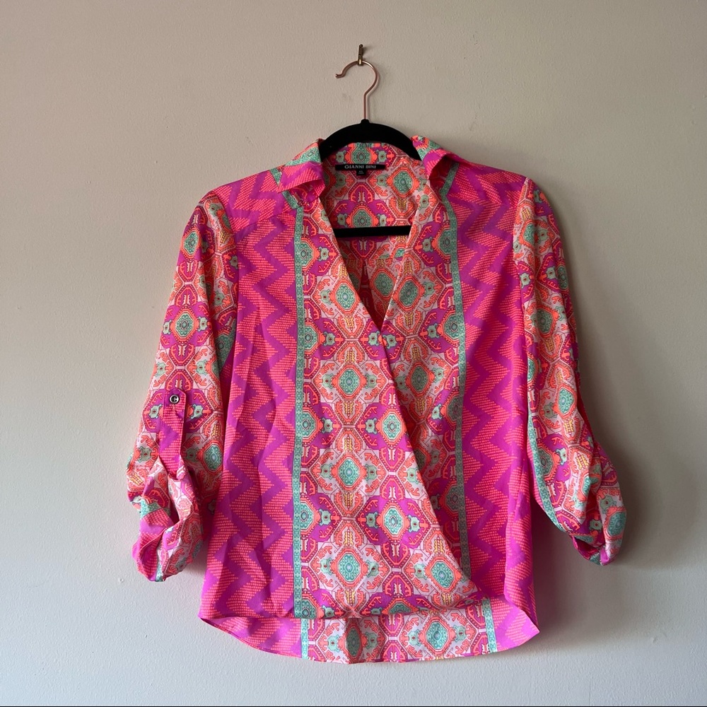 Gianni Bini Asymmetric Colorful Blouse Size XS Roll Tab Sleeves Pink Orange